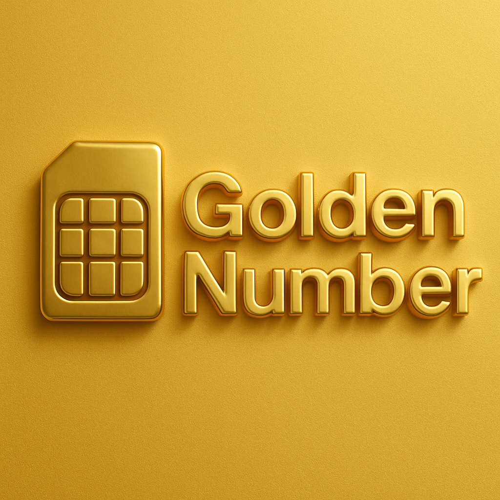 3D golden logo of Golden Number SIM card with metallic finish on a light gold background